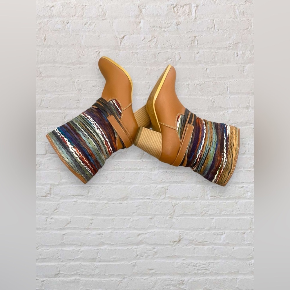 Francesca's Boots Size 7.5M Woven Knit Heeled Coachella Western Southwest Cognac